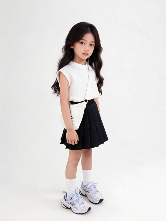 Young girl wearing a white sleeveless top and black skirt on a white background