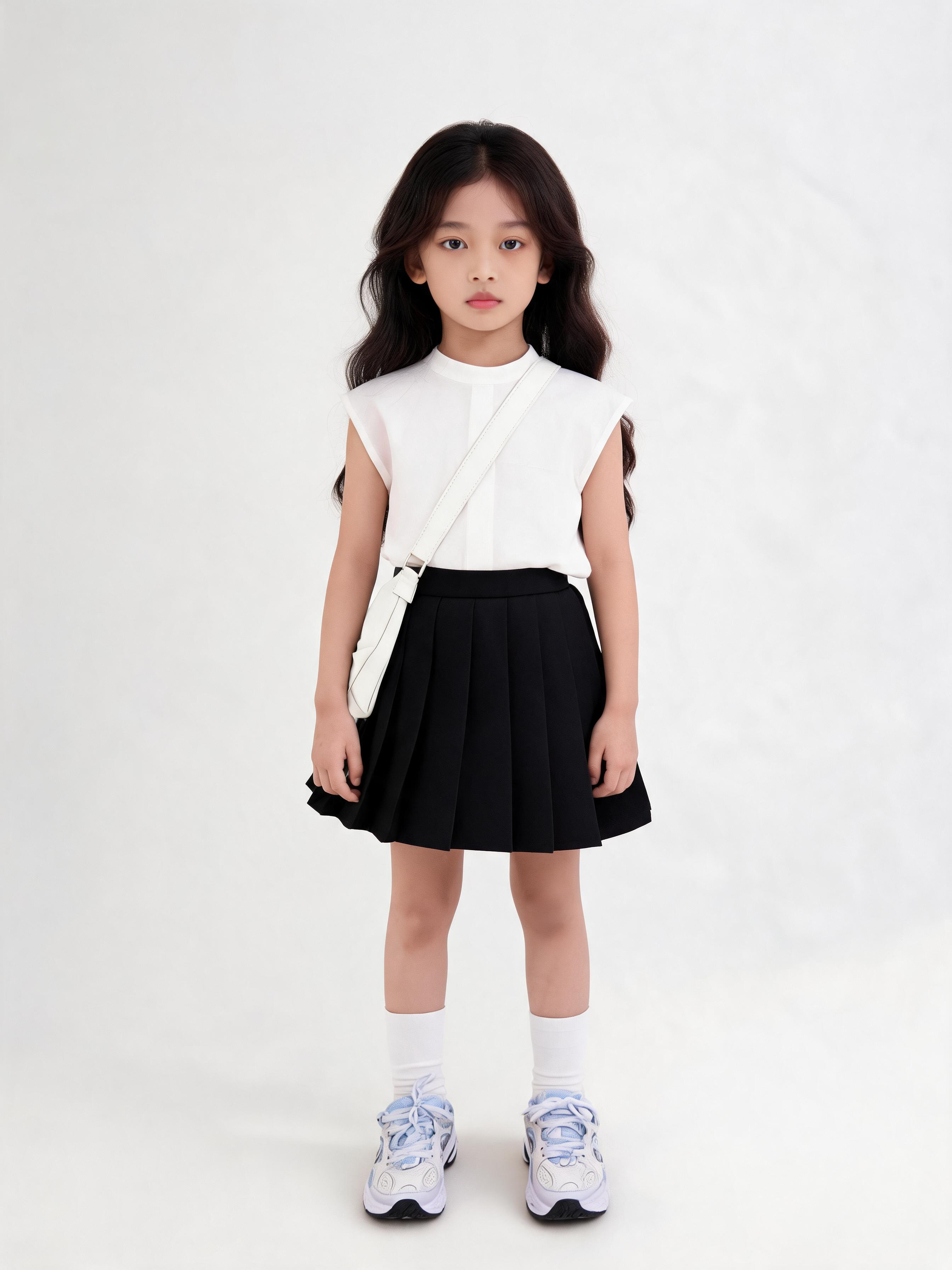 Young girl wearing a white top and black skirt with a white bag on a white background