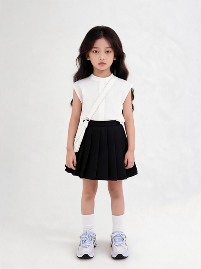 Young girl wearing a white top and black skirt with a white bag on a white background