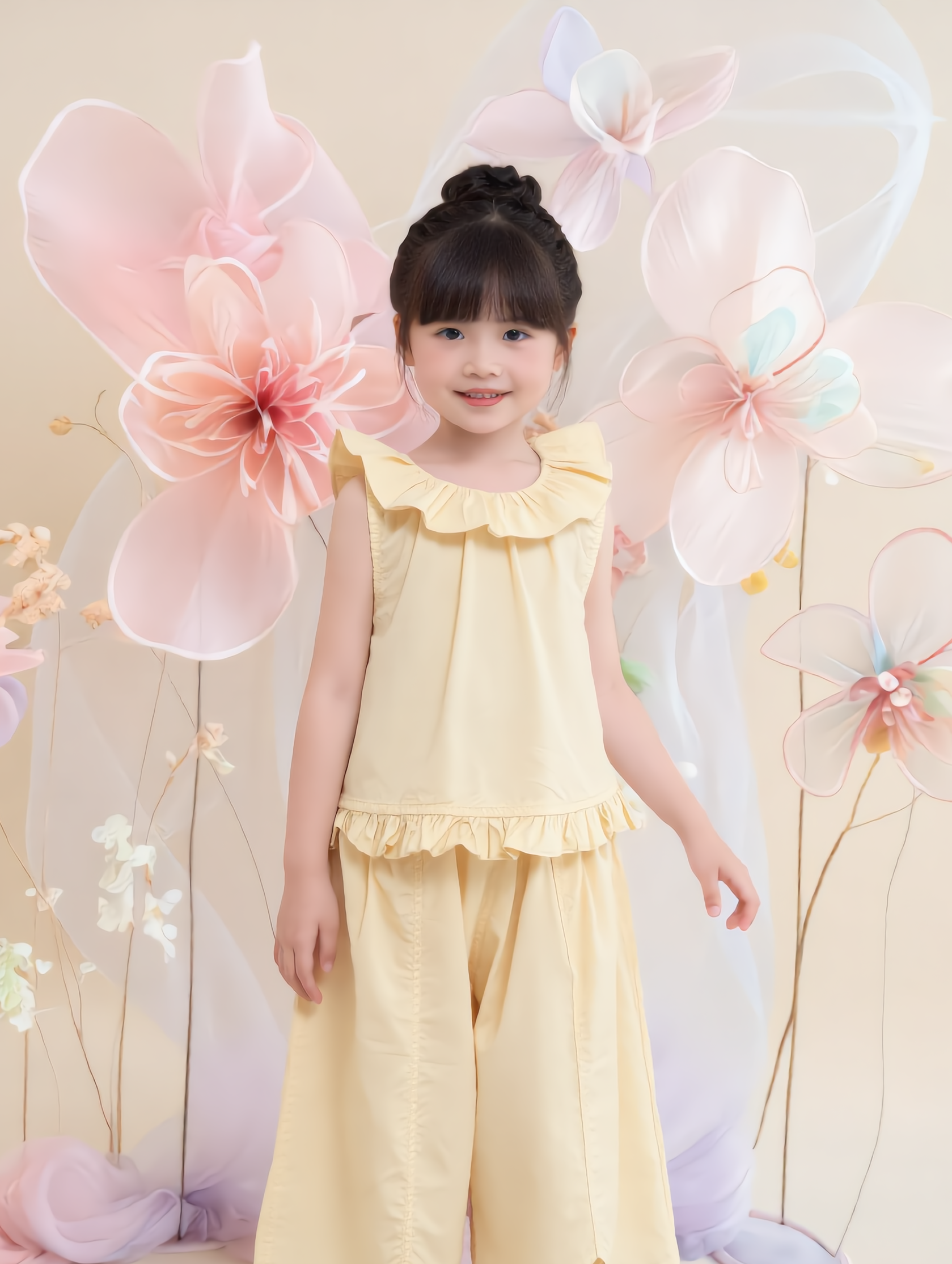 Young girl in a yellow outfit standing in front of large pink flowers.