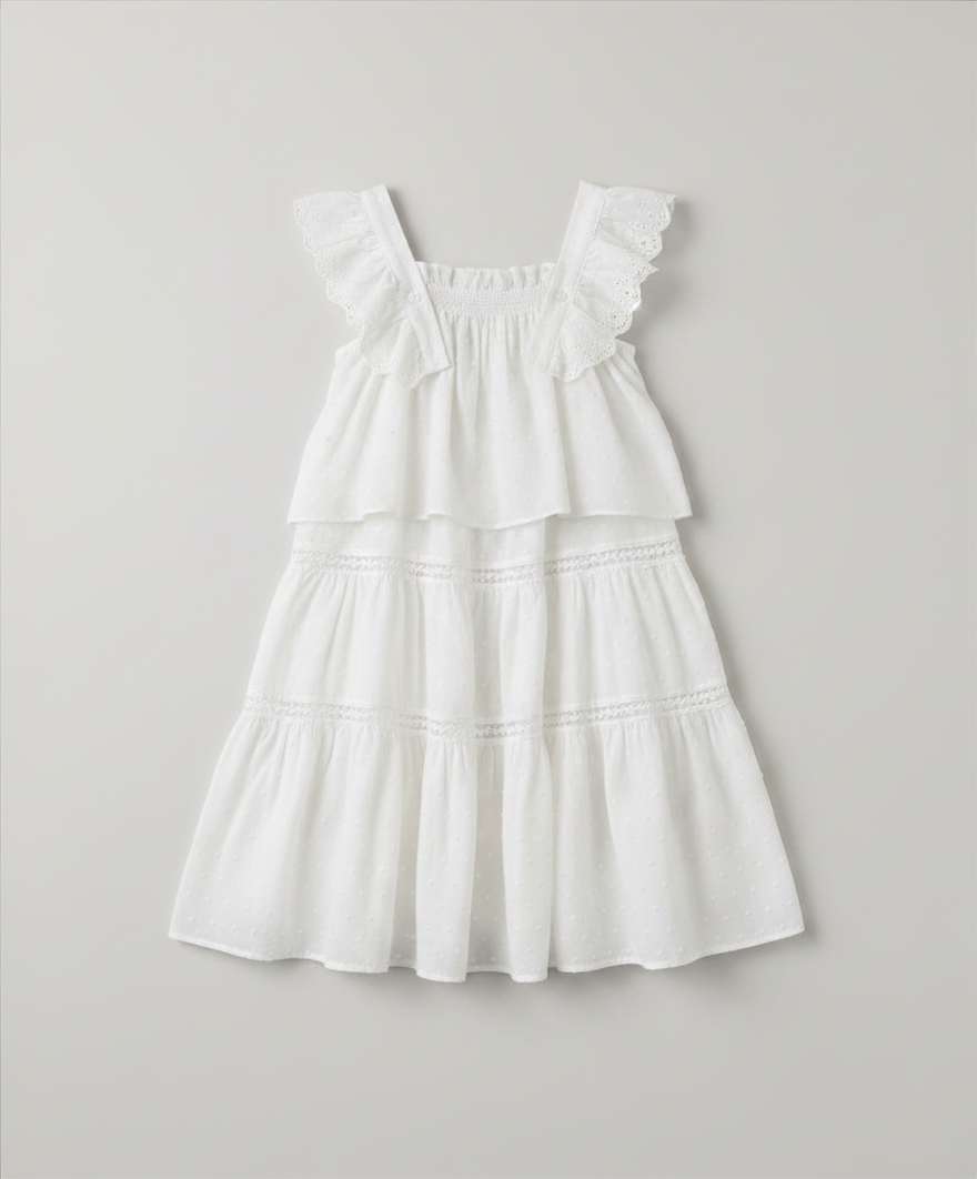 White dress with ruffled straps on a light gray background