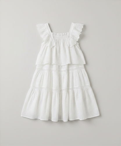 White dress with ruffled straps on a light gray background